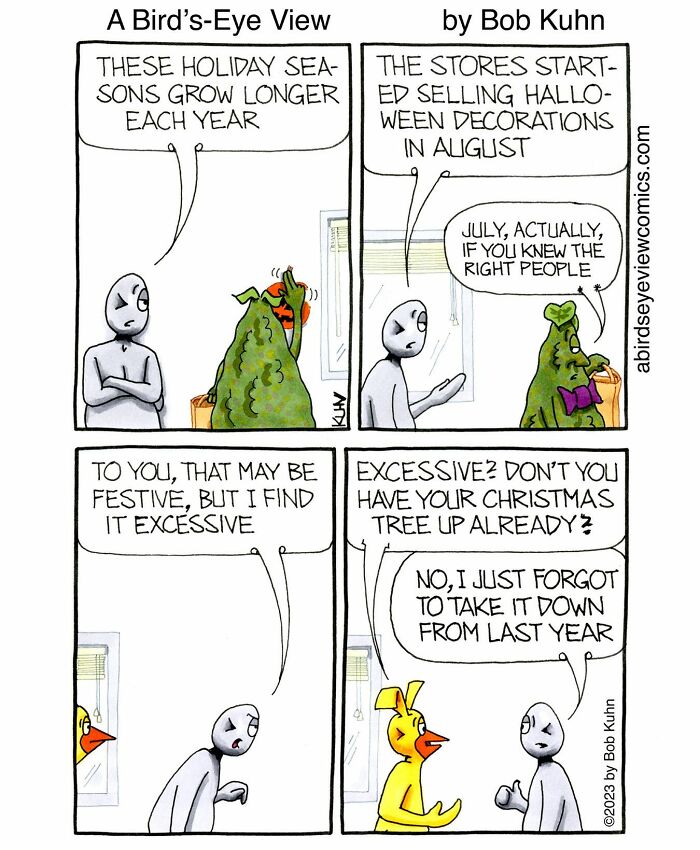 Cartoon characters discussing holiday seasons, Halloween decorations, and office humor in a funny comic about work and meetings.