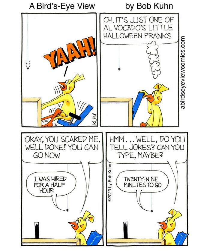 Cartoon bird at office desk reacting to Halloween prank, highlighting work, meetings, and office chaos humor.