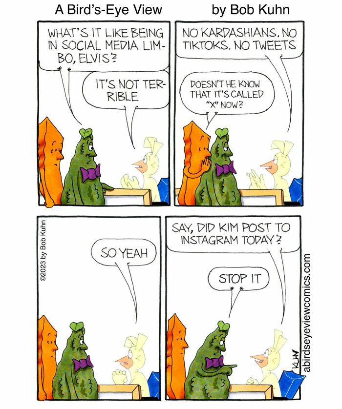 Comic strip showing characters humorously discussing social media limits in a work meeting about office chaos and meetings.