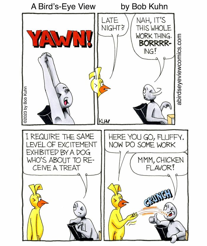 Cartoon showing characters discussing work boredom and office chaos, with humor about motivation and dog treats.