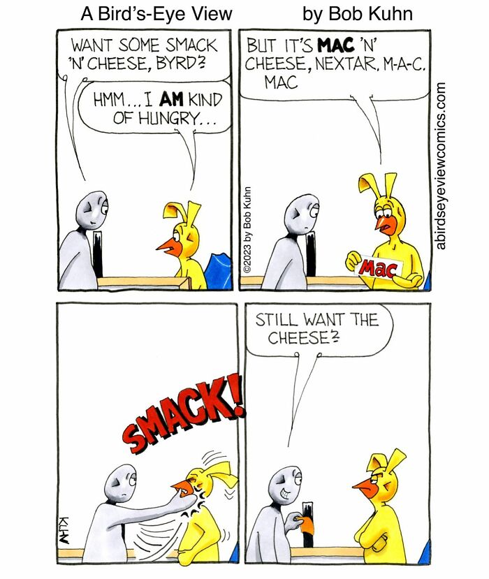 Cartoon comic with two bird characters humorously discussing mac and cheese in an office chaos setting.