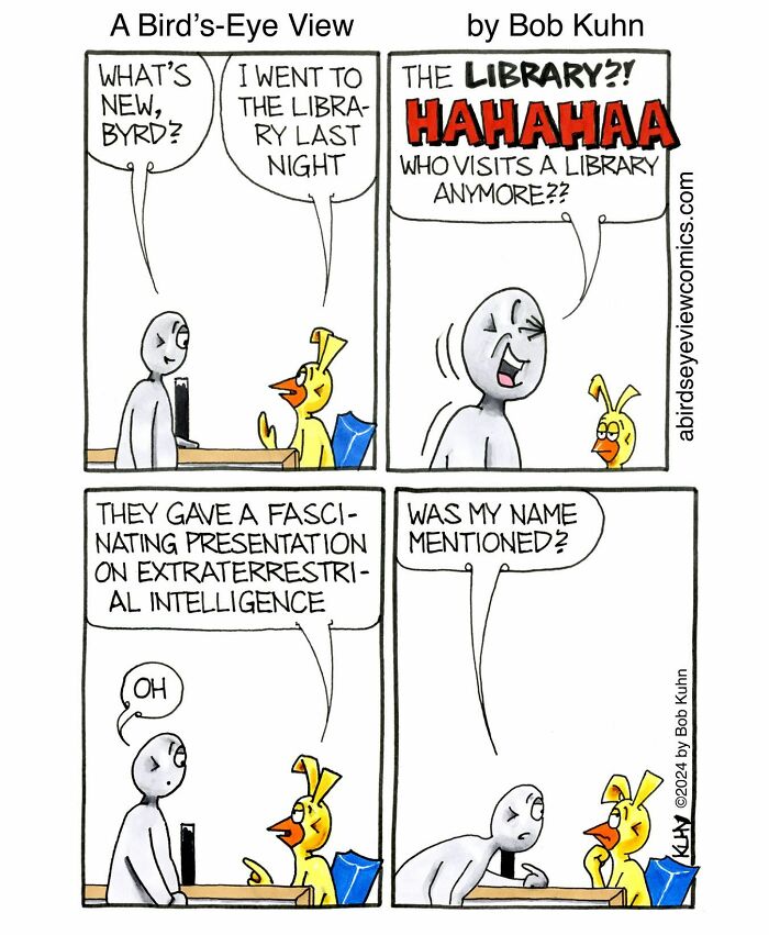 Comic strip showing a humorous office conversation about work, meetings, and library visits with a bird character.