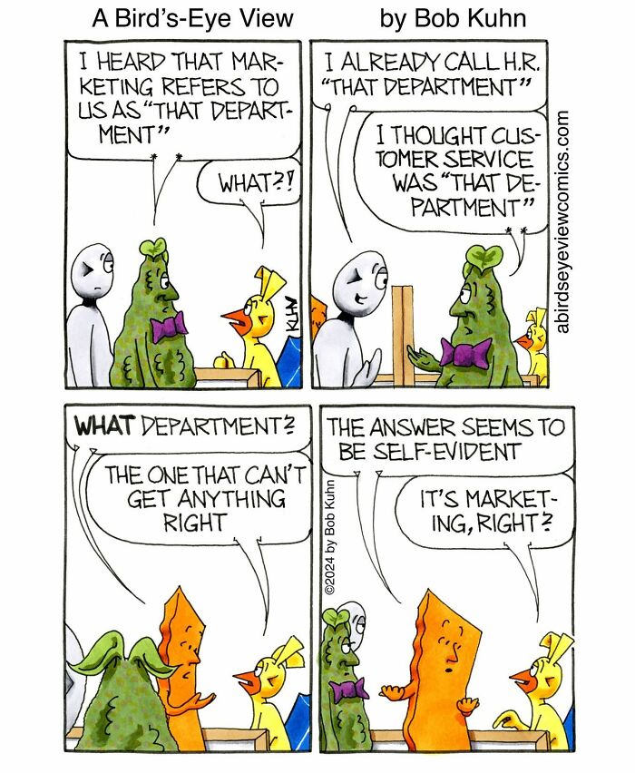 Office chaos comic showing characters humorously debating which work department is called "that department" during a meeting.
