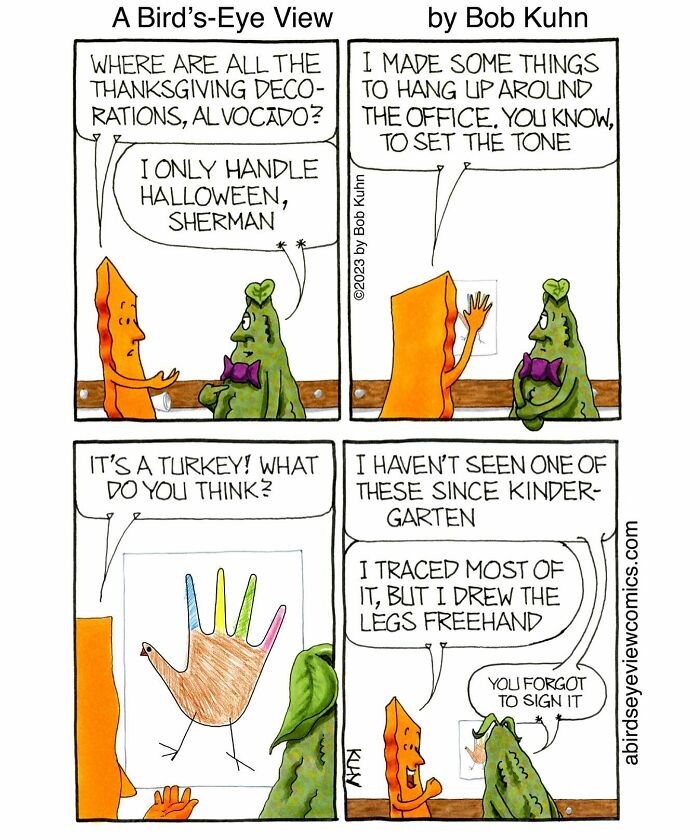 Two office characters humorously discuss work decorations and a kindergarten-style turkey drawing in an office chaos comic.