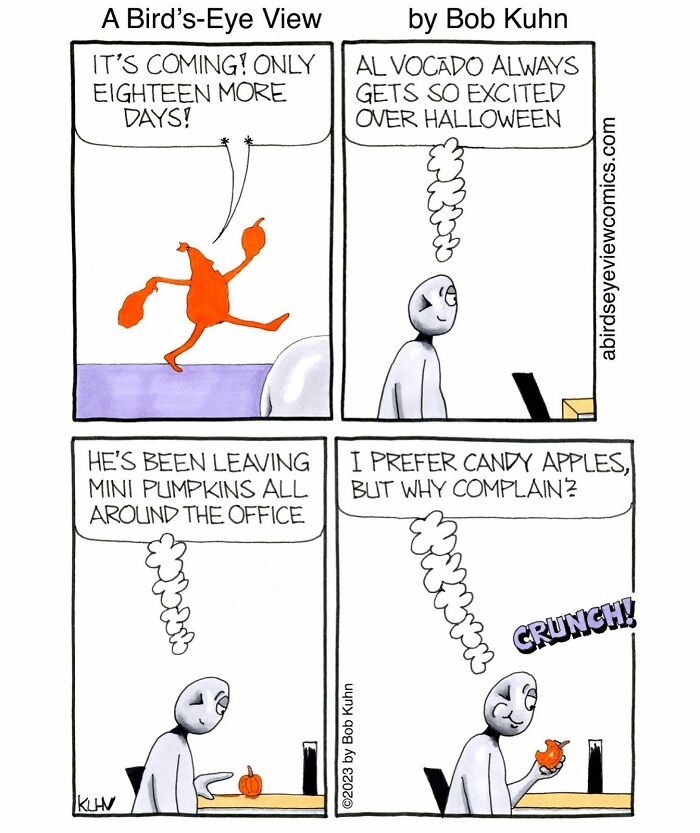 Comic strip showing office humor with characters discussing Halloween and mini pumpkins at work in a funny office chaos setting.