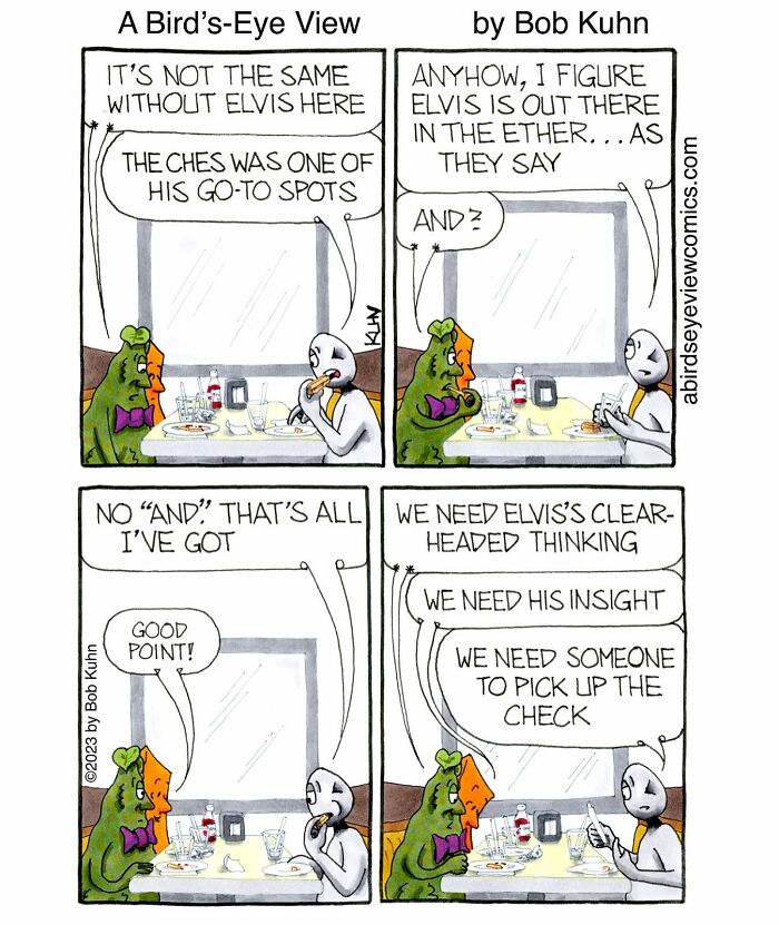 Two characters in a comic discussing office chaos and meetings while sitting at a table with food and drinks.