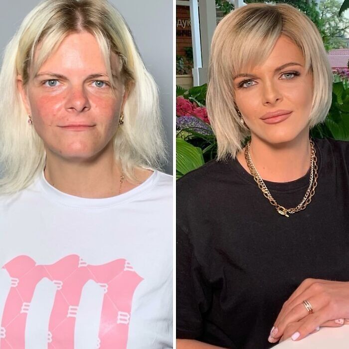 Woman before and after makeup transformation at a studio, showcasing Hollywood stars inspired beauty looks.