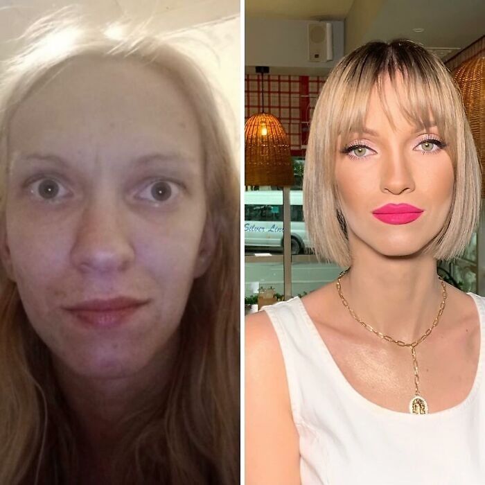 Before and after makeup transformation of a woman at a makeup studio, looking like Hollywood stars with flawless style.
