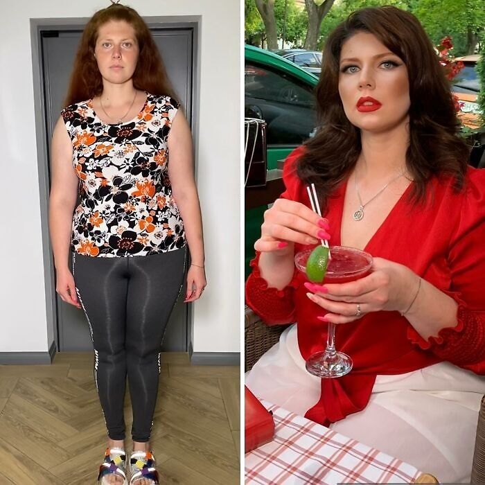 Before and after makeup transformation of a woman at a makeup studio, enhancing her look to resemble Hollywood stars.