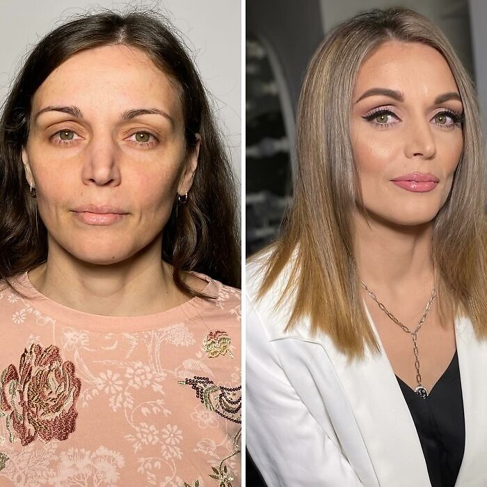 Before and after makeup transformation of a woman at a makeup studio, showcasing Hollywood stars inspired look.
