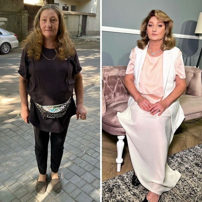 Before and after makeover of a woman at a makeup studio transforming her look to resemble Hollywood stars.