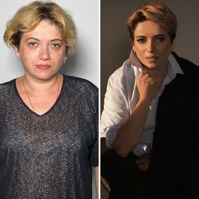 Woman before and after makeup transformation at a studio, looking like Hollywood stars with glamorous styling and contouring.