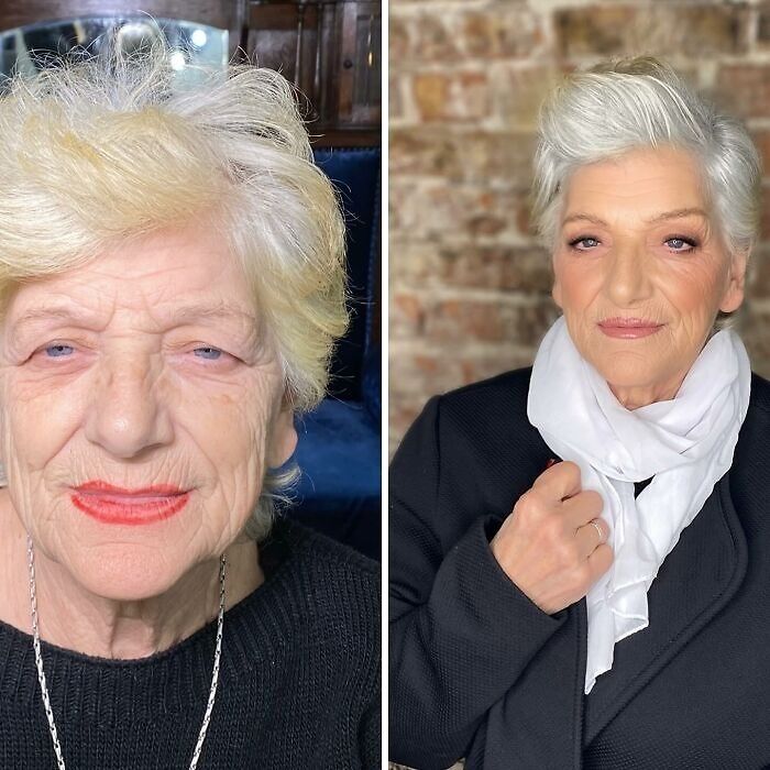 Before and after makeup studio transformation on an older woman, showcasing Hollywood star inspired beauty look.