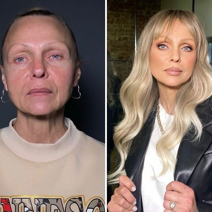 Before and after makeup transformation of a woman at a studio, looking like Hollywood stars with glamorous styling and hair.