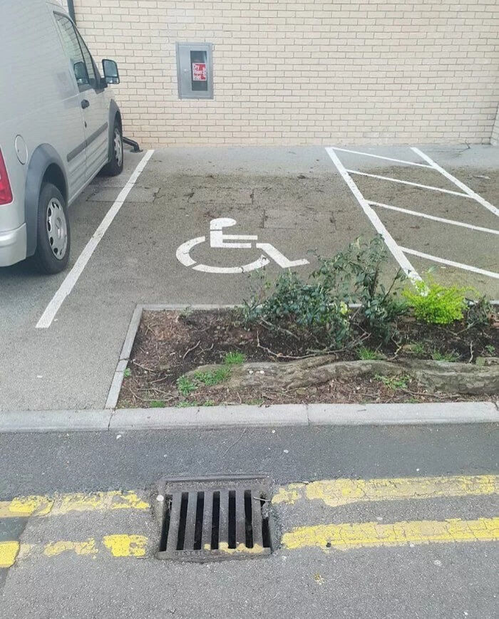 Poorly painted handicap parking lines showing hilariously bad jobs done by someone who just wanted to get it over with.