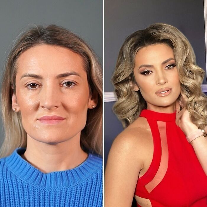 Before and after makeup transformation of a woman at a studio, achieving a Hollywood star inspired look.