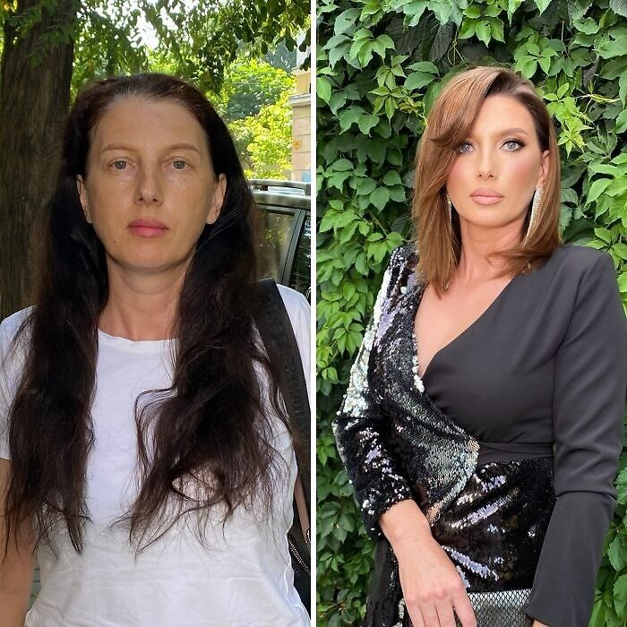 Before and after makeup transformation of a woman at a makeup studio, styled to look like Hollywood stars.