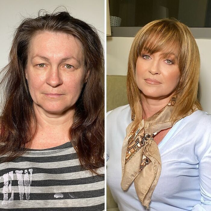 Before and after makeup transformation of a woman at a studio, looking like Hollywood stars with glamorous styling.