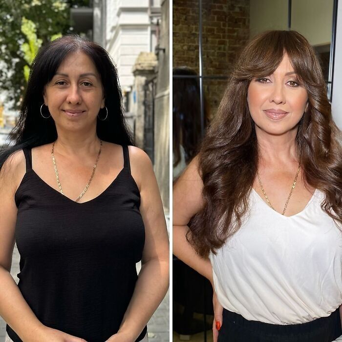 Before and after images of a woman transformed by professional makeup at a studio, resembling Hollywood stars.