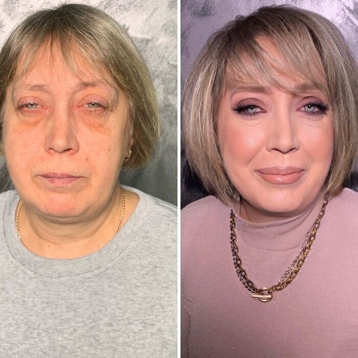 Woman before and after makeup transformation at a studio, achieving a glamorous Hollywood star inspired look.