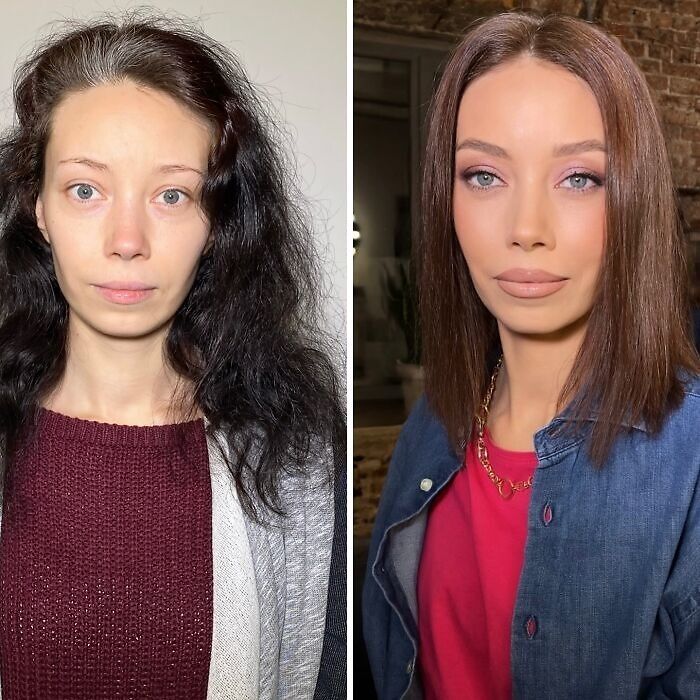 Before and after look of a woman transformed by makeup and hairstyling to resemble Hollywood stars.