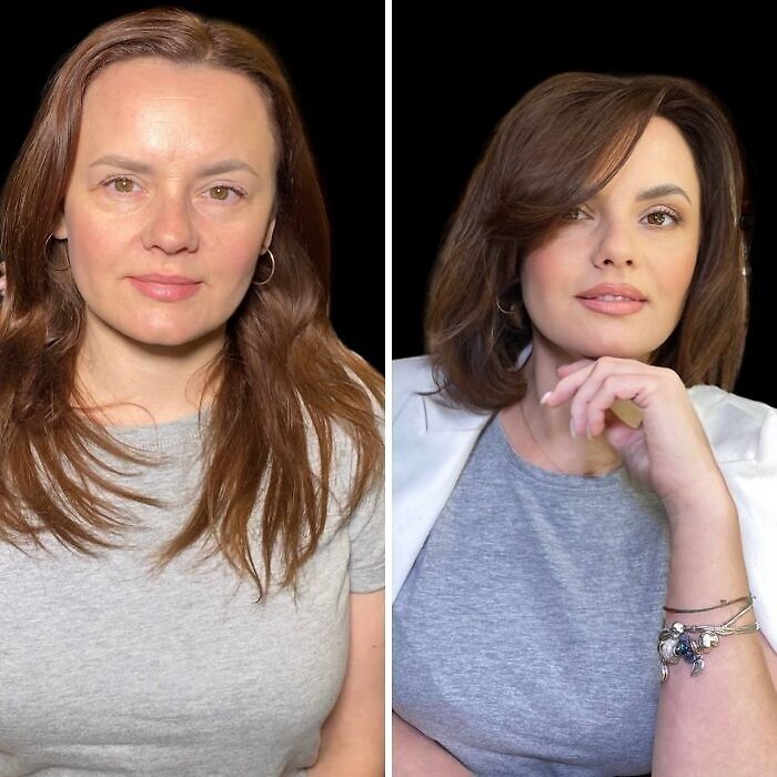 Woman before and after makeover at makeup studio, transformed to look like Hollywood stars with styled hair and enhanced makeup.