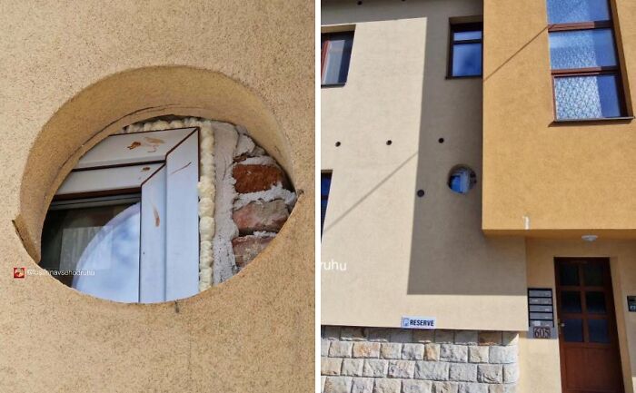 Construction and designs with awkward circular cutouts and visible unfinished materials on building exteriors.