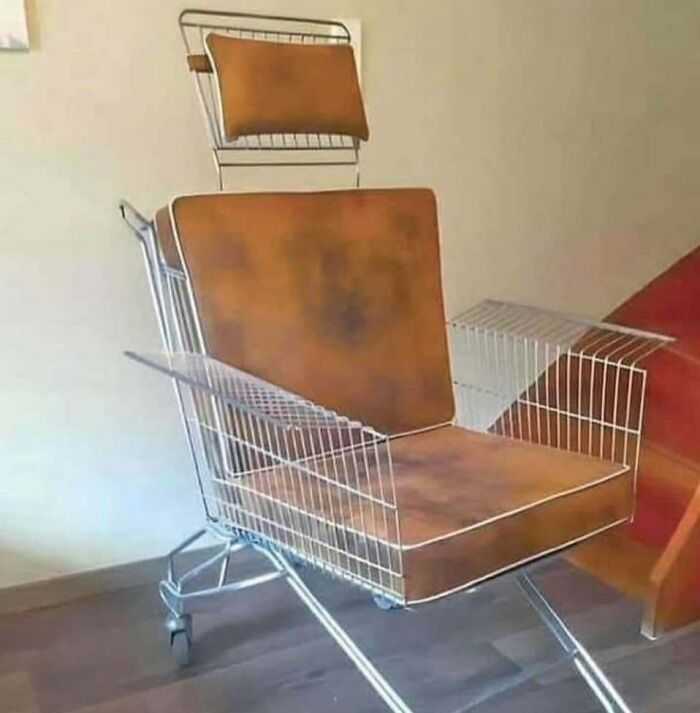 Shopping cart chair with cushioned seat and backrest, showcasing quirky construction and design ideas.