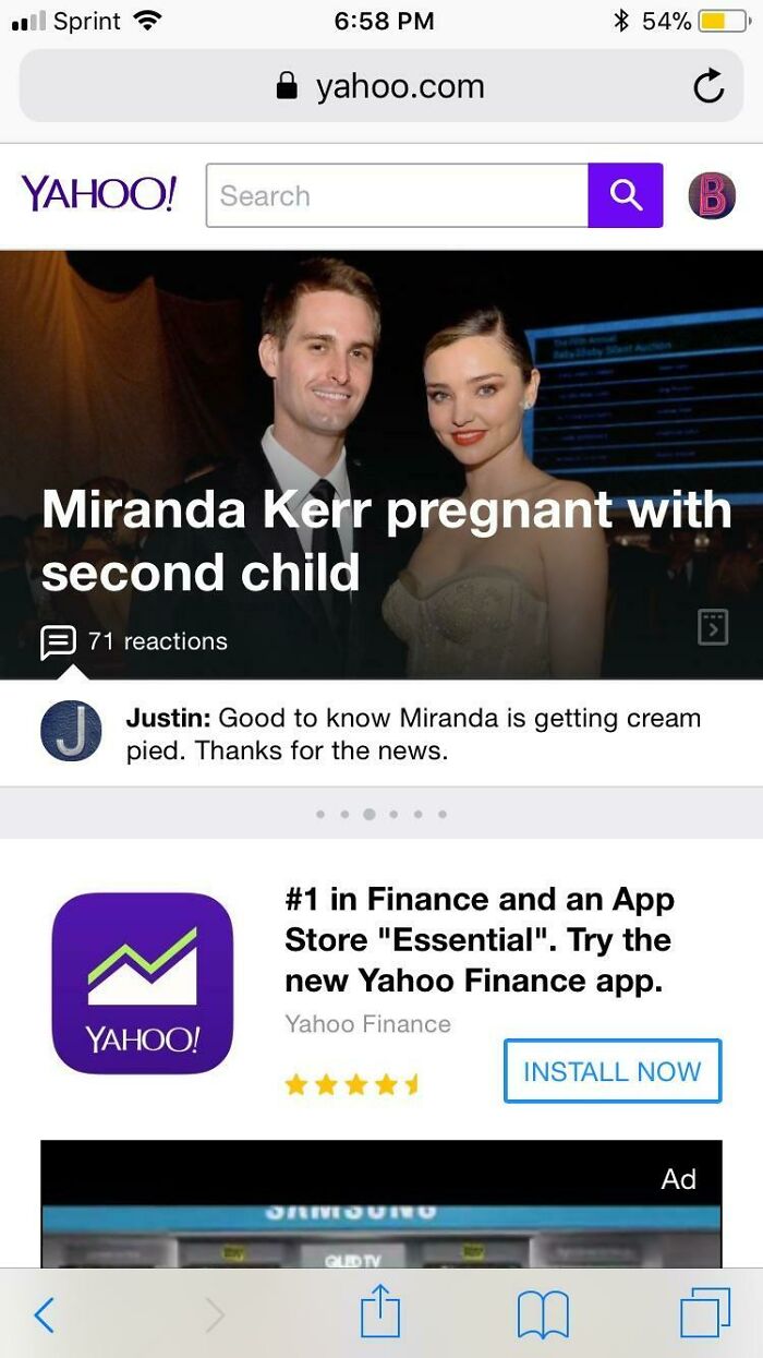 Screenshot of a social media fail with an inappropriate comment on a news article about Miranda Kerr's pregnancy.