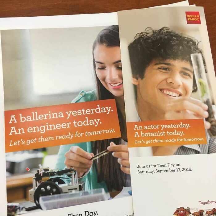 Brochures showing teens with captions about career changes, representing social media marketing failures by companies.