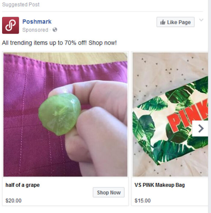 Poshmark social media fail showing an overpriced half grape and a VS PINK makeup bag in a sponsored ad post.