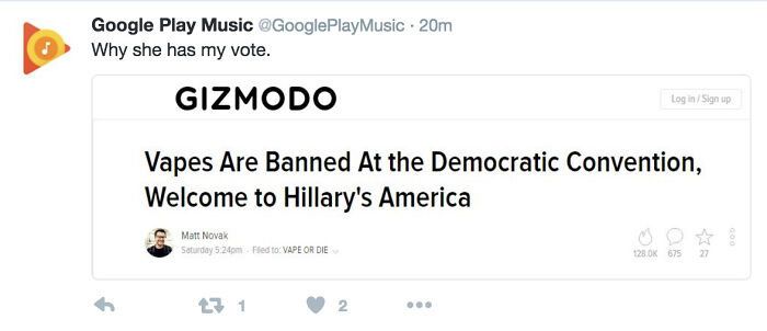 Screenshot of a social media fail by Google Play Music featuring a controversial Gizmodo headline.