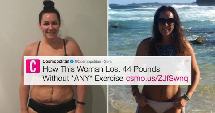 Before and after weight loss photos with a failed social media company post displaying a misleading ad message.