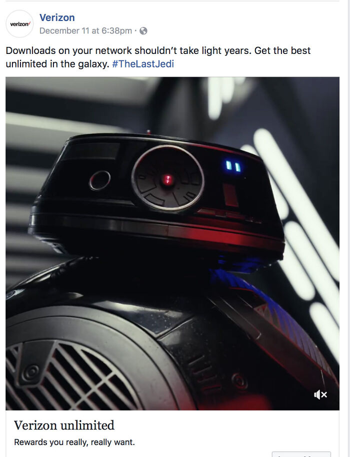 Verizon social media post with Star Wars droid promoting unlimited data, an example of companies that failed on social media.