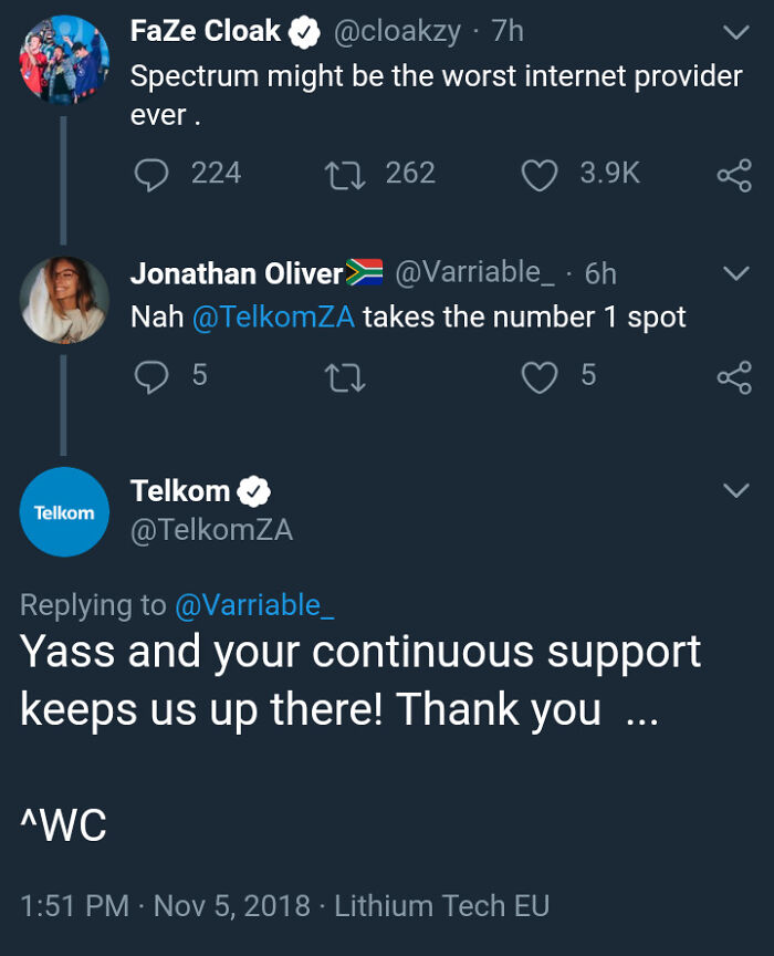 Twitter exchange showing a social media fail by Telkom responding casually to criticism of their service.