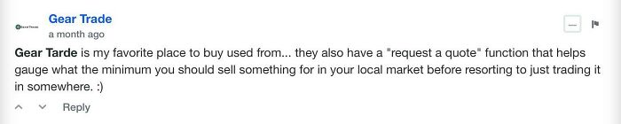 Comment on social media sharing a positive review about Gear Tarde and its request a quote feature for local market sales.