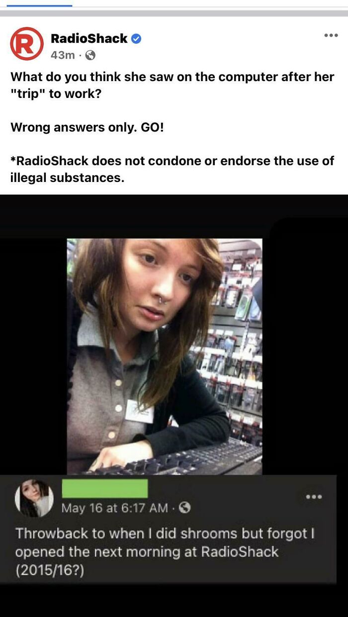 RadioShack social media post fails humorously with employee admitting to being high at work in viral company blunder.