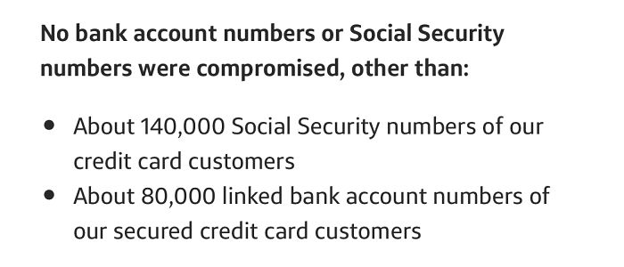 Text excerpt showing compromised Social Security and bank account numbers of credit card customers in a data breach for companies that failed miserably on social media.
