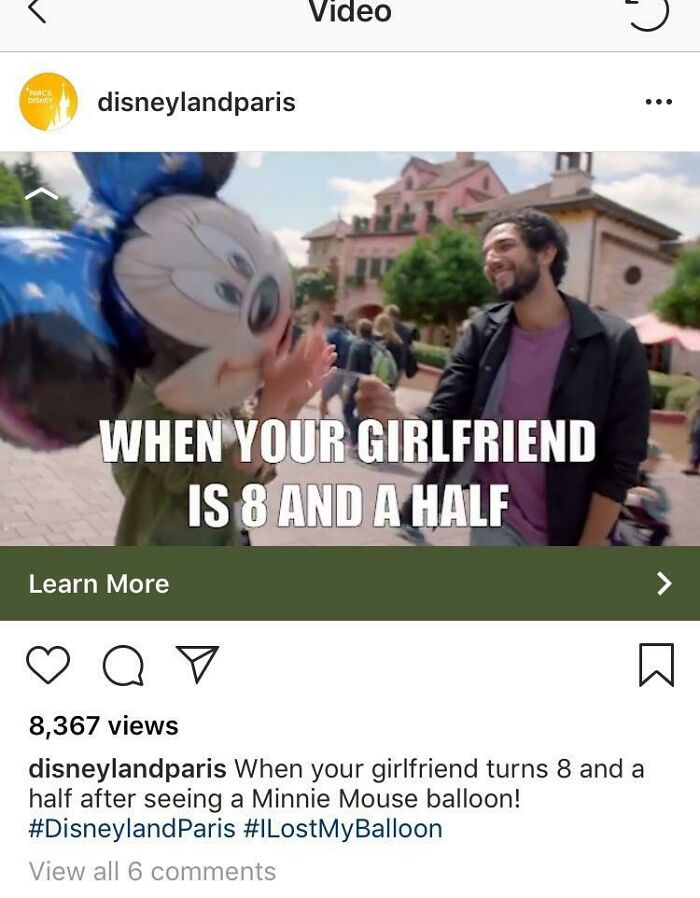 Man smiling and pointing at Minnie Mouse balloon in social media post, illustrating companies that failed miserably.