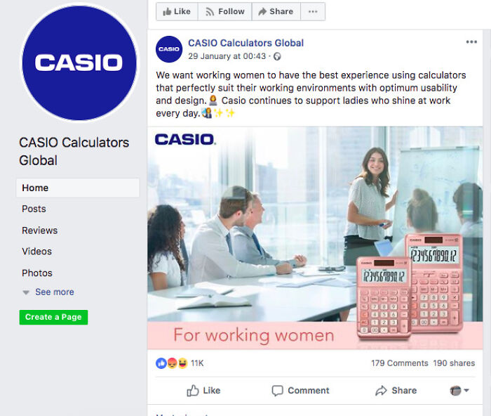 Casio social media post promoting pink calculators for working women, illustrating social media marketing failure.