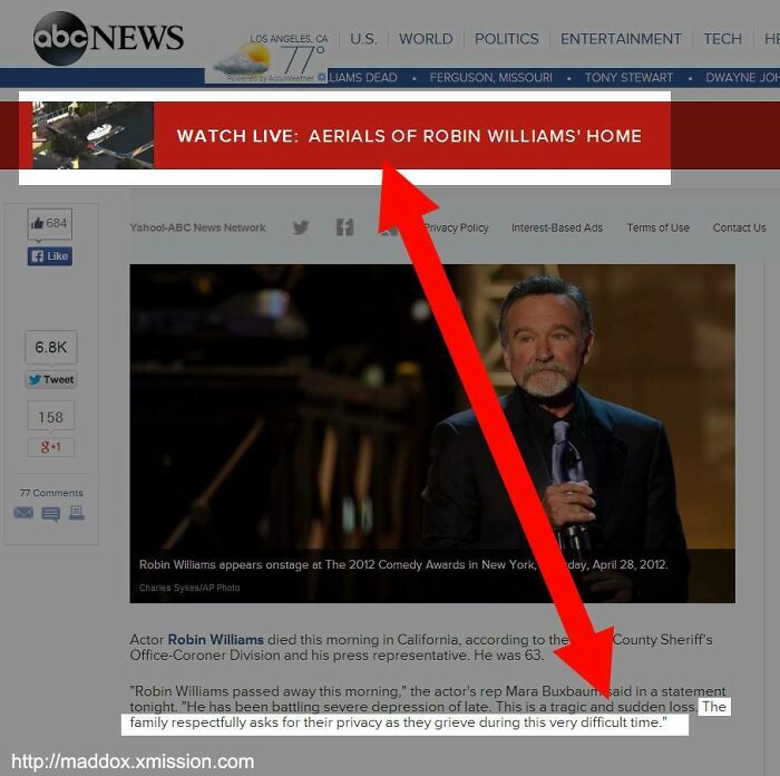 Screenshot of a news website showing social media elements and a live broadcast banner with an arrow pointing to it.