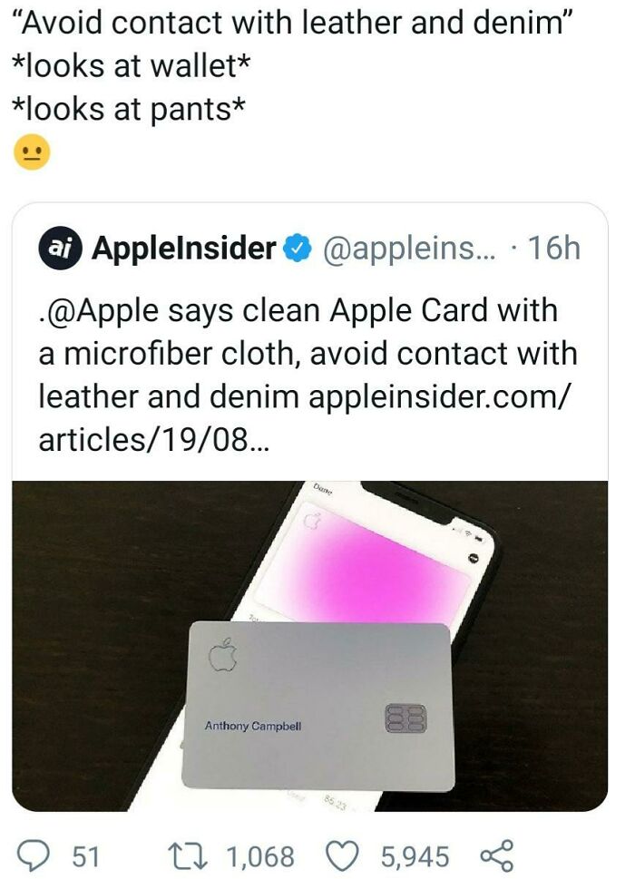 Apple Insider tweet about cleaning Apple Card avoiding leather and denim, example of companies that failed miserably on social media.