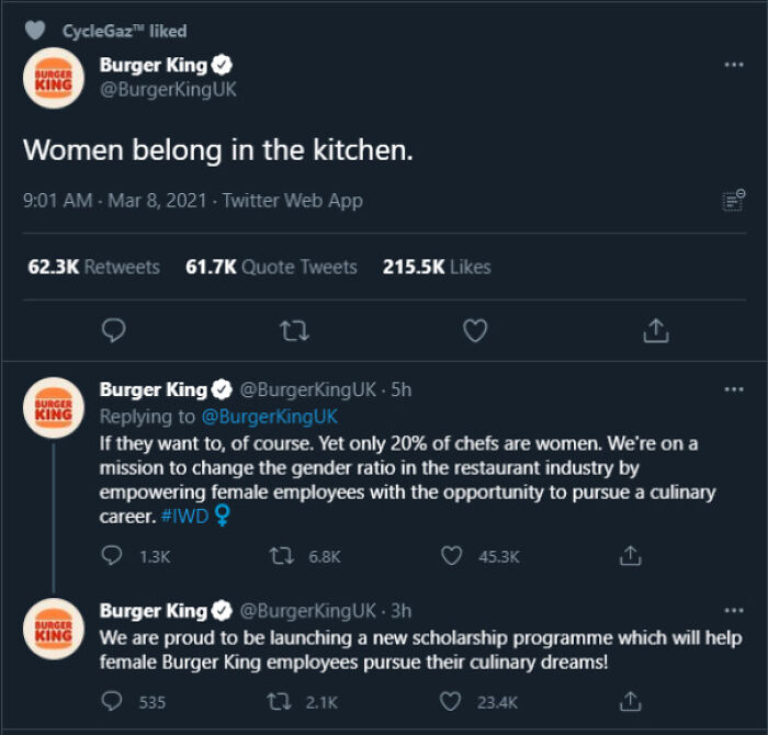 Burger King social media backlash over controversial tweet on women in the kitchen and gender ratio in chefs.