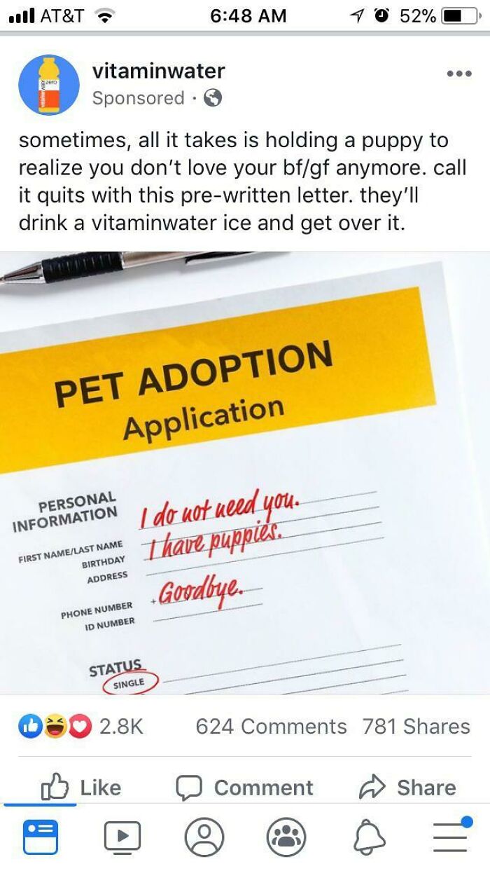 Vitaminwater social media fail showing a pet adoption form with a breakup message in a controversial campaign post.