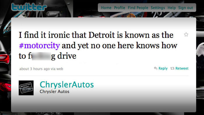 Twitter post from Chrysler Autos with a failed social media message referencing Detroit as motorcity.