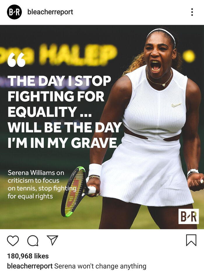 Serena Williams passionately speaking on equality during a tennis match, featured in companies that failed miserably on social media.