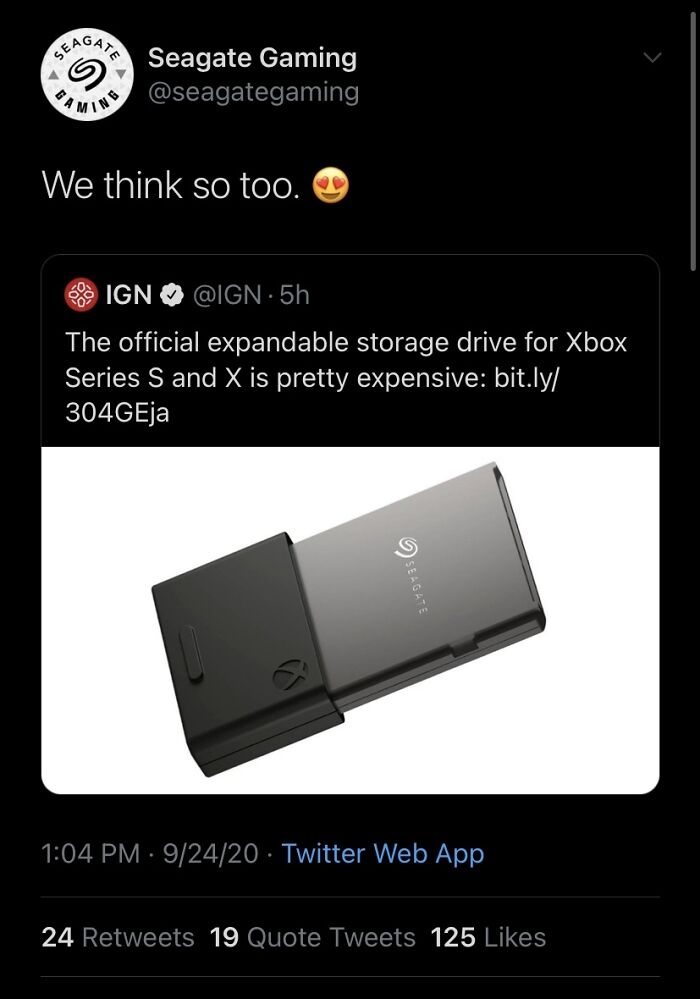 Seagate Gaming Twitter reply showing a failed social media interaction about expensive Xbox storage drive.
