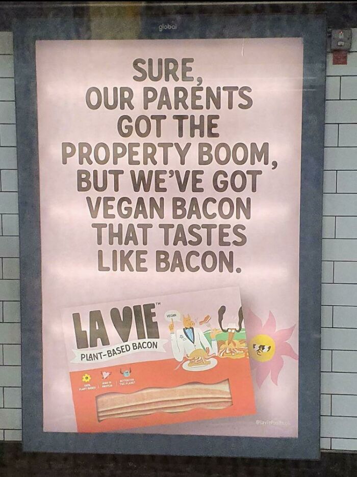 Plant-based bacon advertisement with text comparing vegan bacon to past property boom, showcasing social media marketing fail.