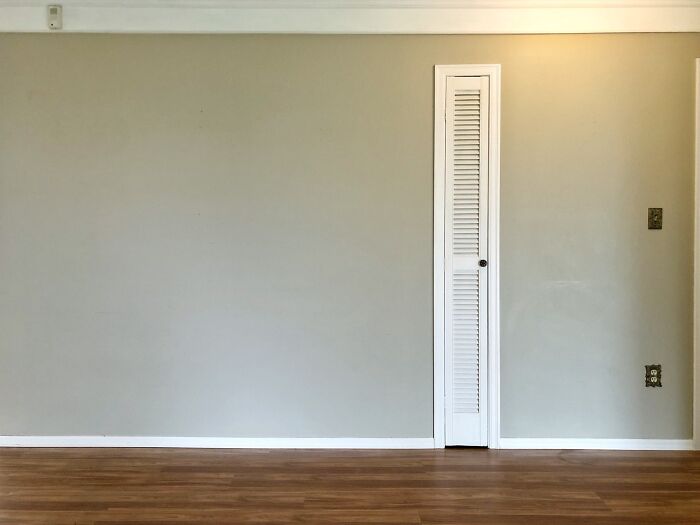 Poorly executed home renovation showing hilariously bad jobs with uneven paint and odd door placement in a simple room.