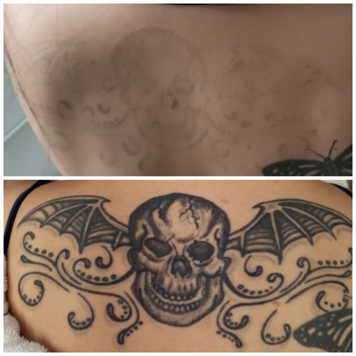 Faded skull and bat wing tattoo before and after darkened and detailed cover-up showing tattoo mistakes fixed.